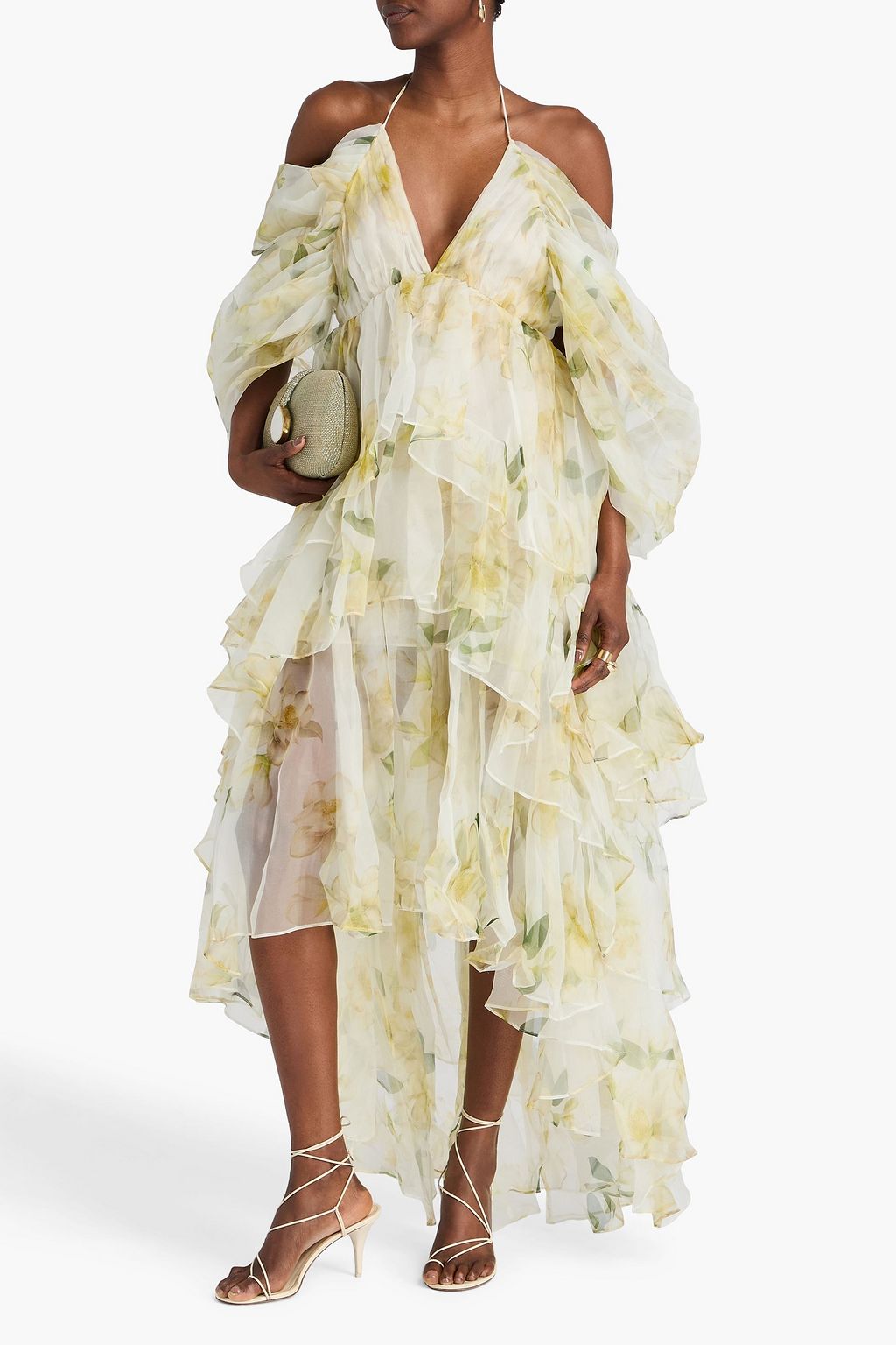 ZIMMERMANN シルクオーガンザ ミディワンピース オープンショルダー ティアード プリント入り