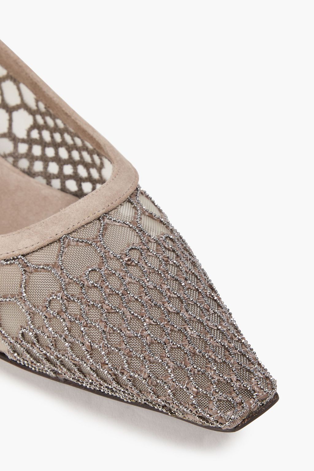 BRUNELLO CUCINELLI Bead-embellished mesh and suede slingback point-toe flats