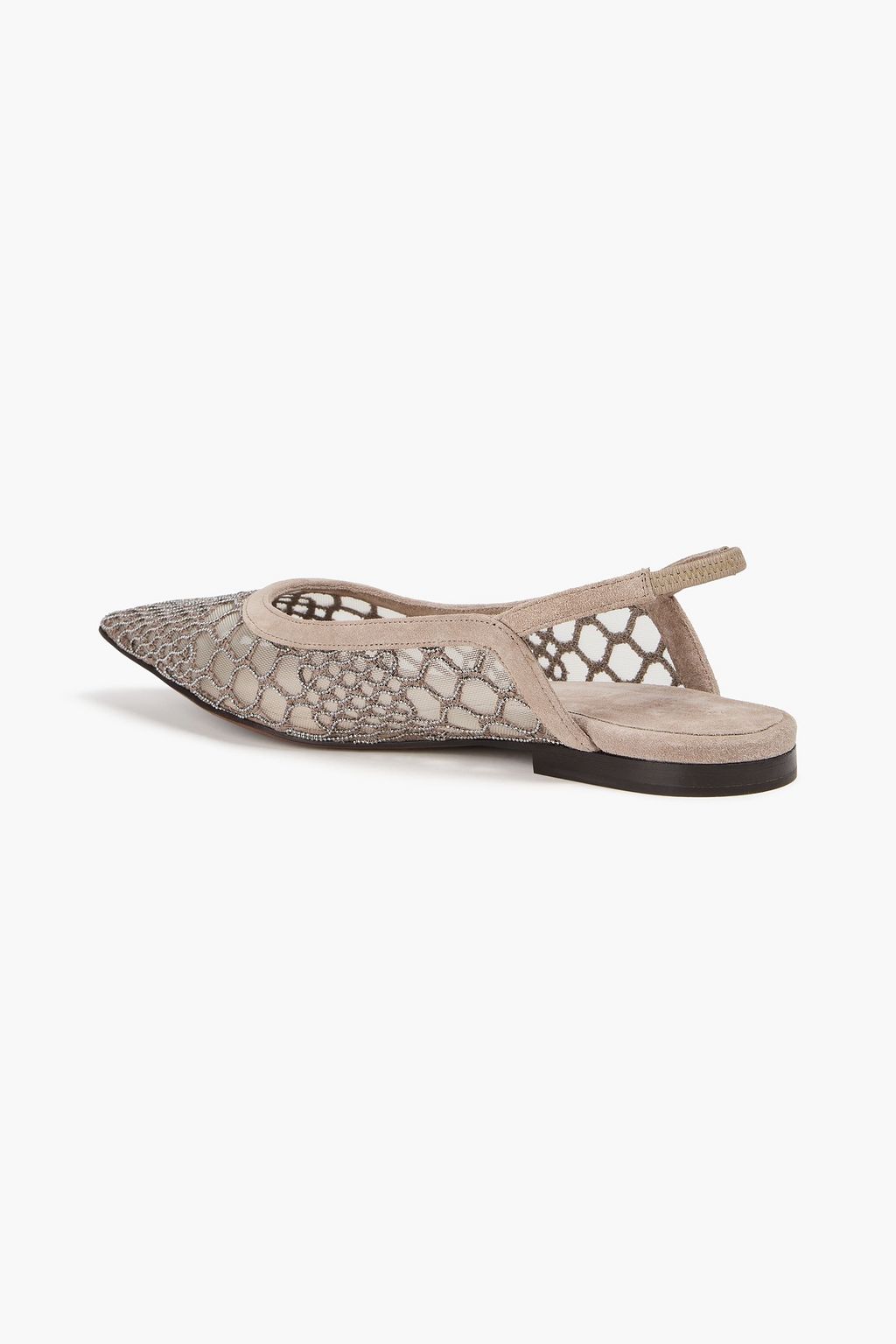 BRUNELLO CUCINELLI Bead-embellished mesh and suede slingback point-toe flats
