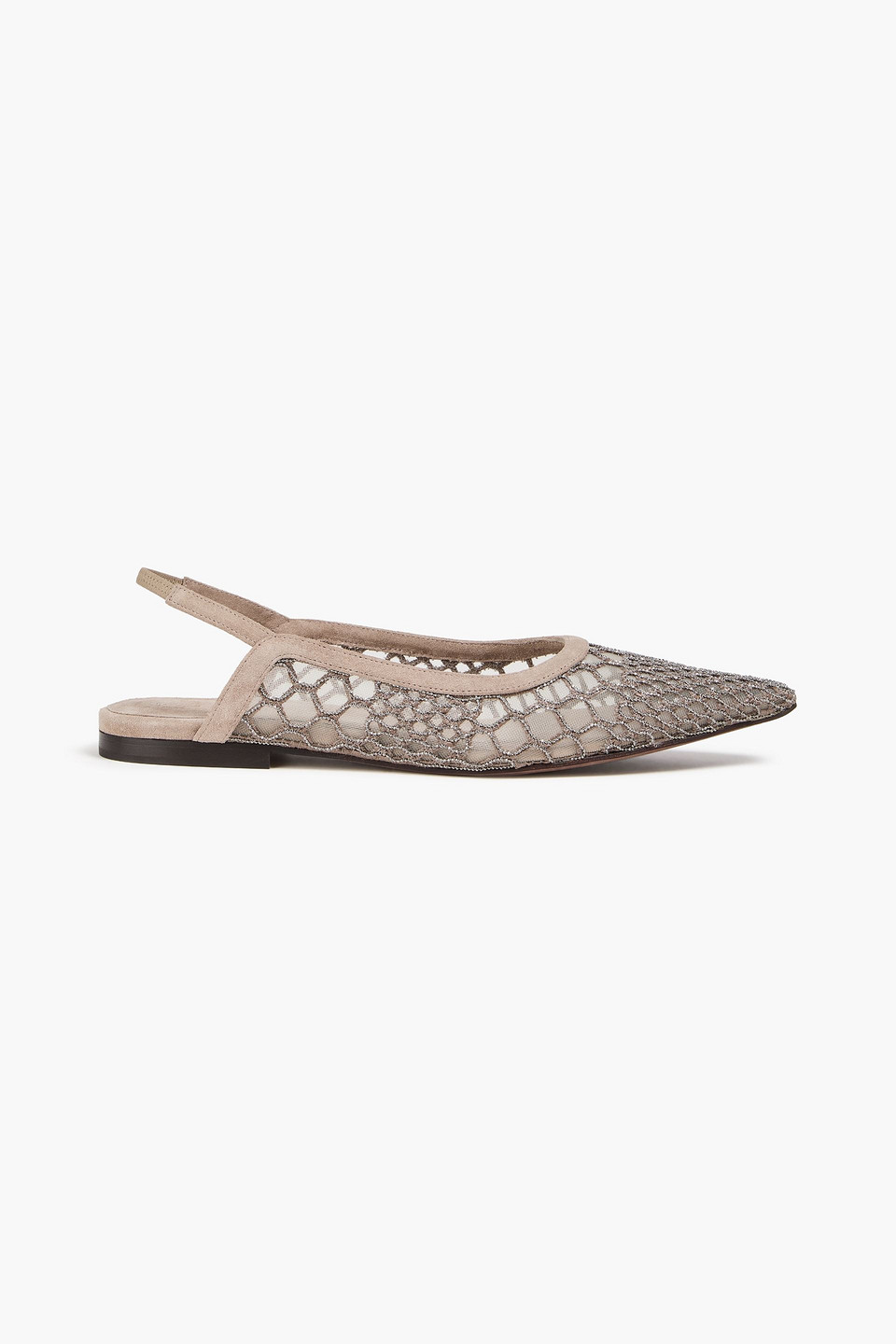 Brunello Cucinelli Bead-embellished Mesh And Suede Slingback Point-toe Flats