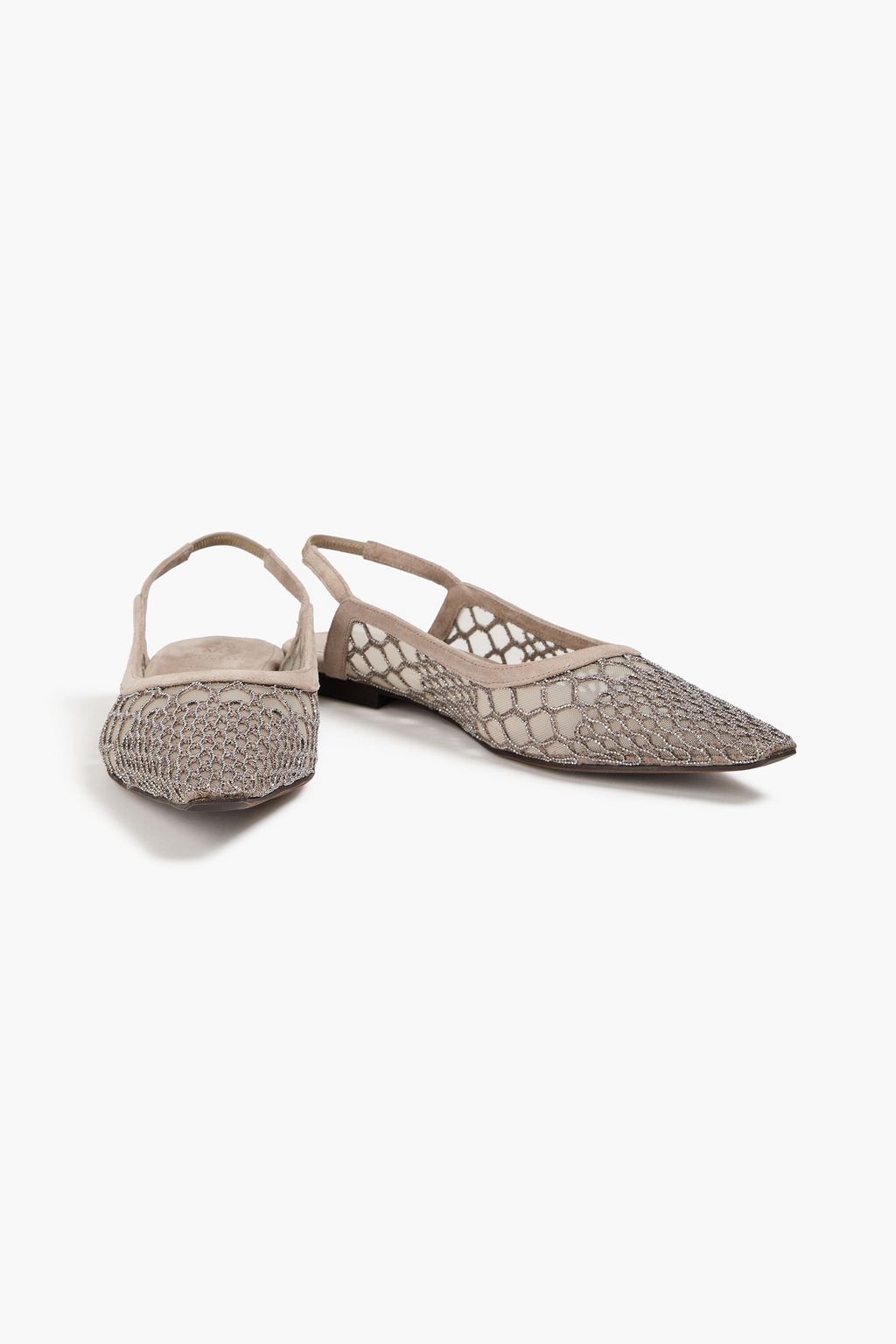 BRUNELLO CUCINELLI Bead-embellished mesh and suede slingback point-toe flats