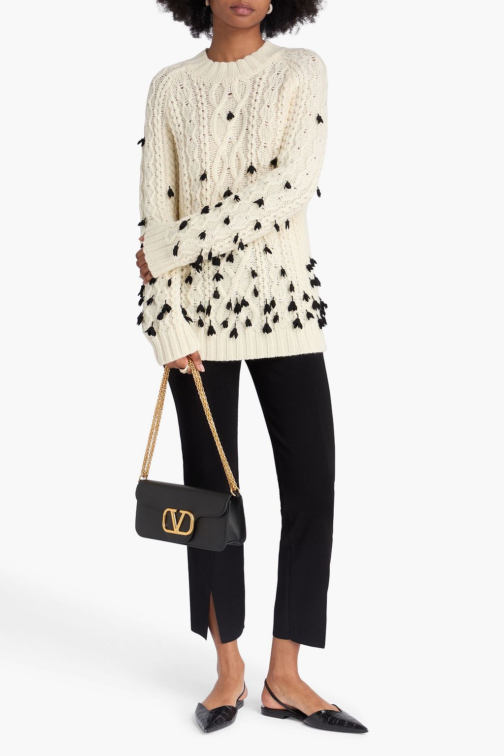 VALENTINO GARAVANI Floral-appliquéd cable-knit wool sweater