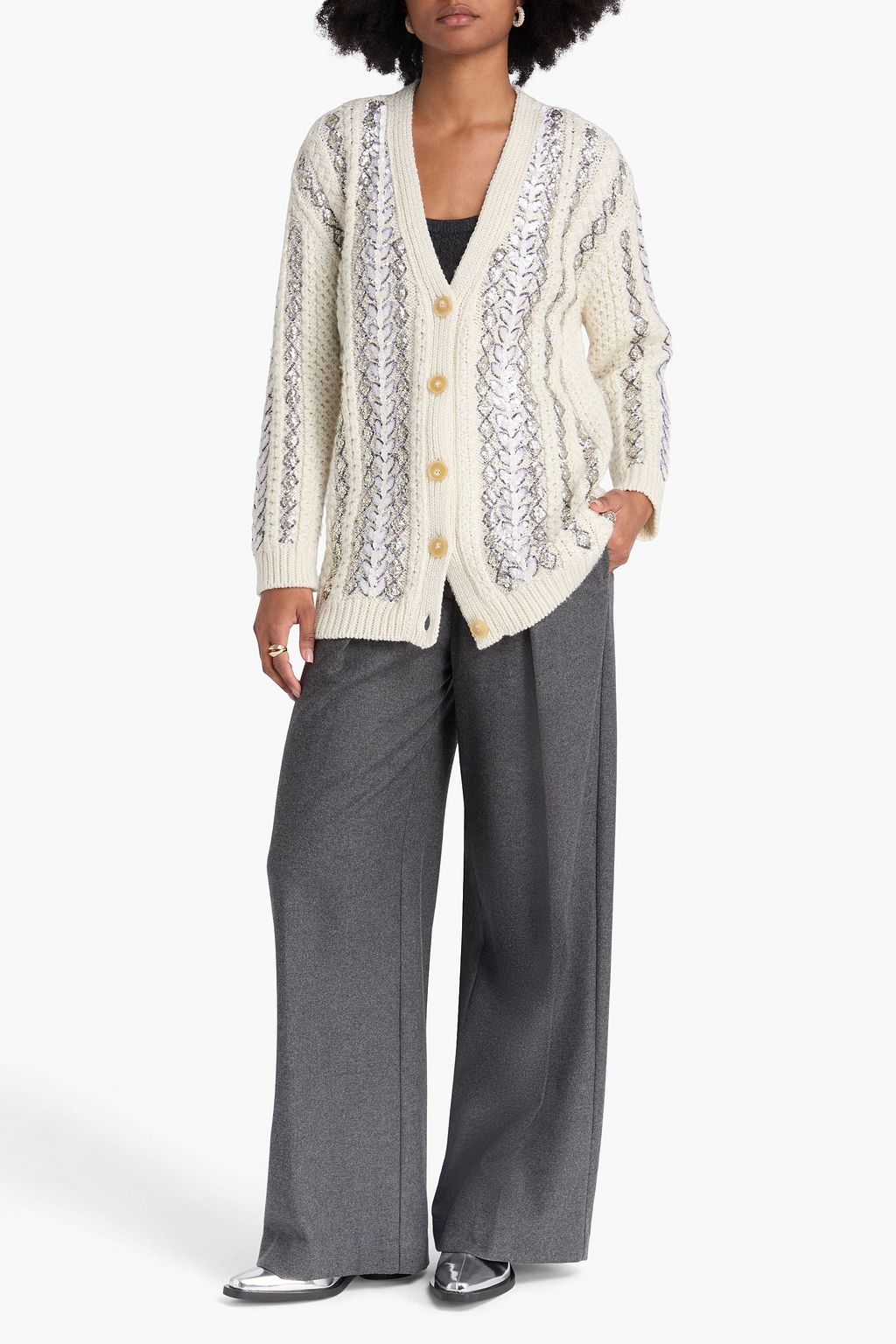 VALENTINO GARAVANI Embellished cable-knit wool-blend cardigan
