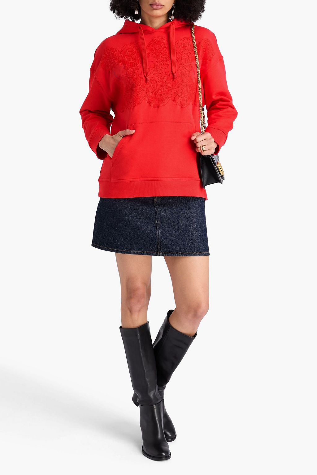 VALENTINO GARAVANI Lace-paneled French cotton-terry hoodie | THE