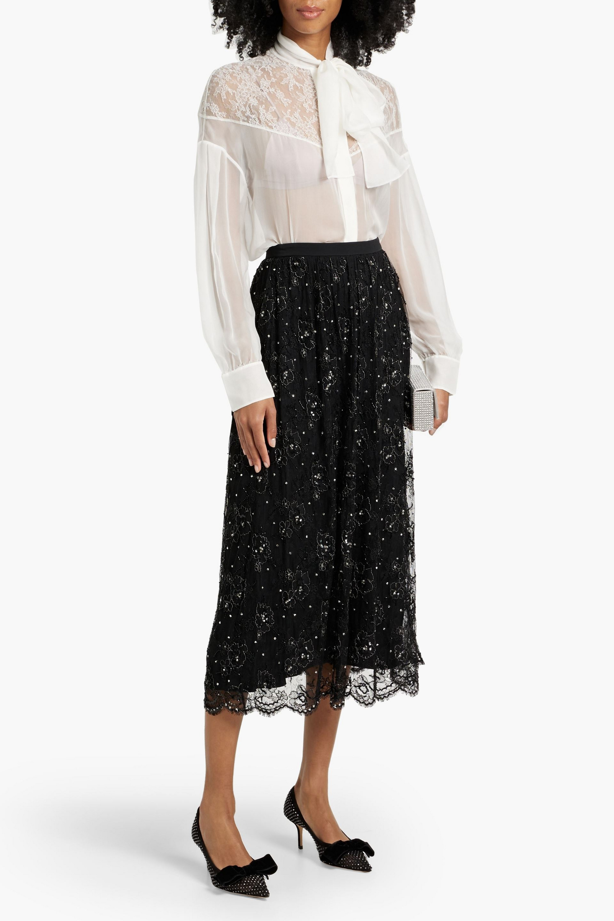Valentino Garavani Pussy-bow silk-voile and Chantilly lace shirt