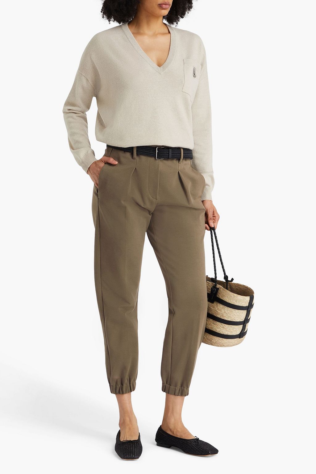 BRUNELLO CUCINELLI Cropped bead-embellished cotton-blend jersey track pants