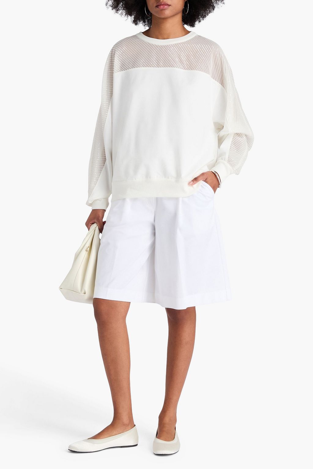 BRUNELLO CUCINELLI コットン混ジャージー スウェットシャツ スパンコール付き オーガンザパネル