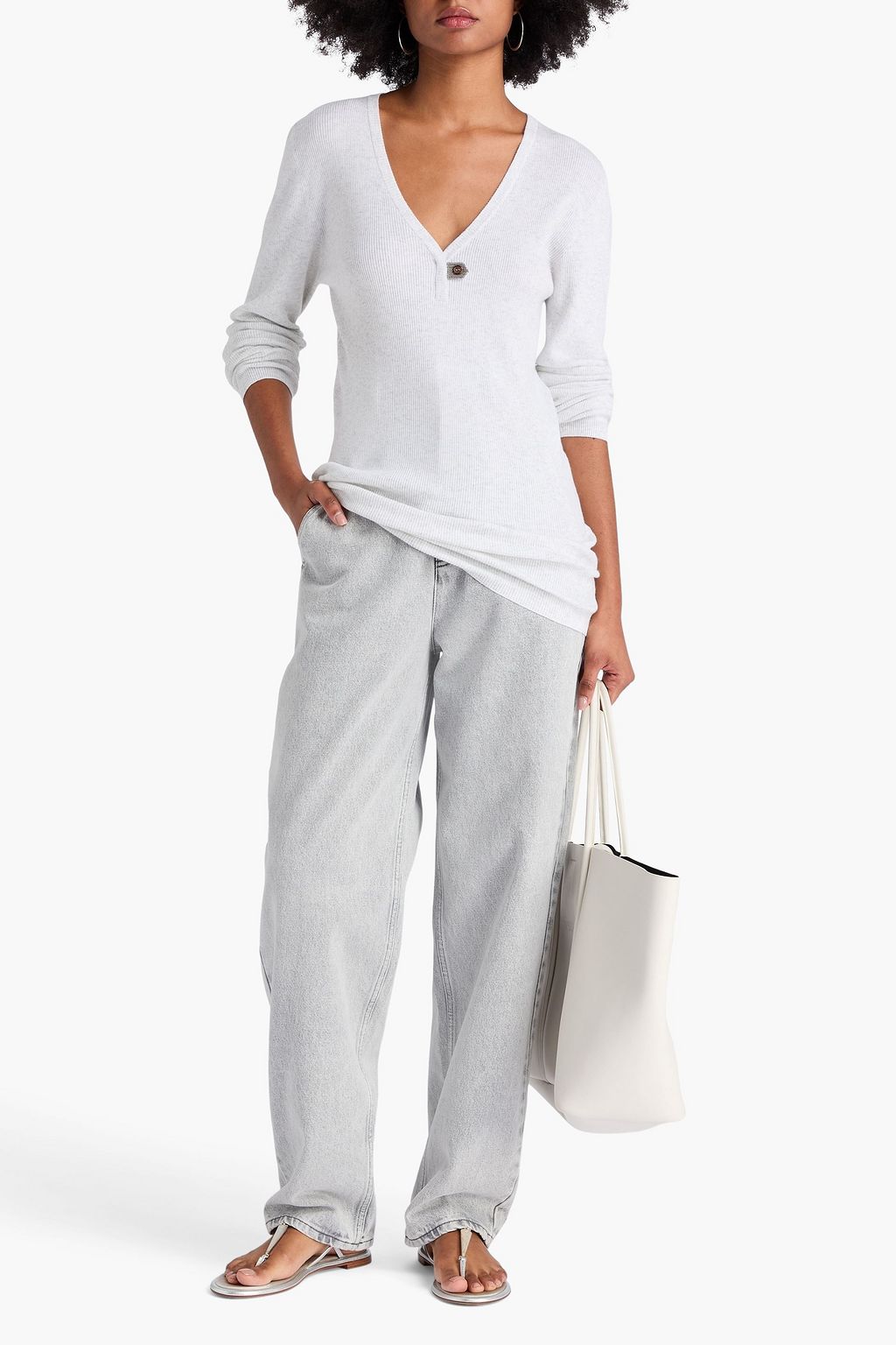 BRUNELLO CUCINELLI Bead-embellished metallic ribbed-knit top