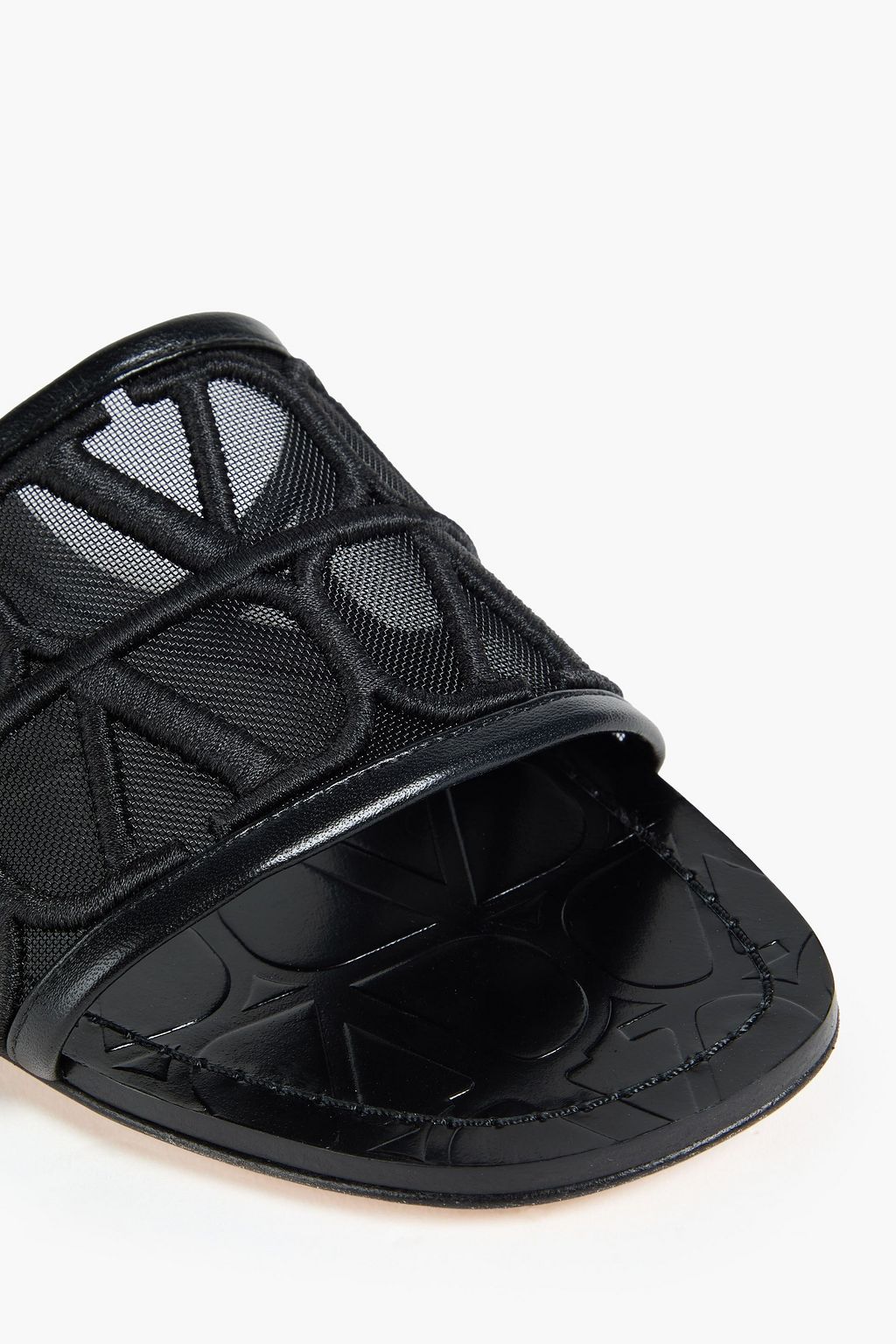 VALENTINO GARAVANI Toile Iconographe embroidered tulle and leather slides