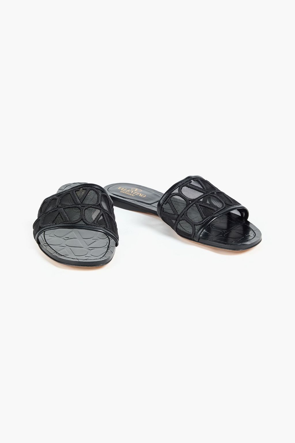 VALENTINO GARAVANI Toile Iconographe embroidered tulle and leather slides