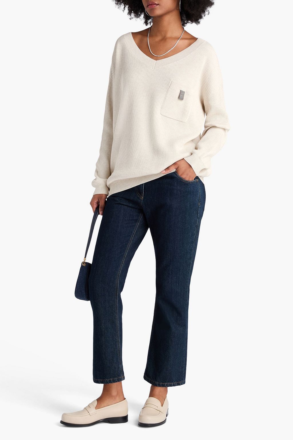 BRUNELLO CUCINELLI リブ編みコットン セーター ビーズ付き