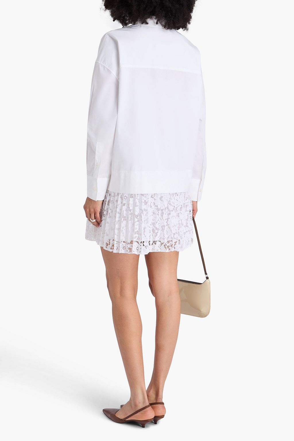 VALENTINO GARAVANI Pleated lace-trimmed cotton-poplin mini shirt dress