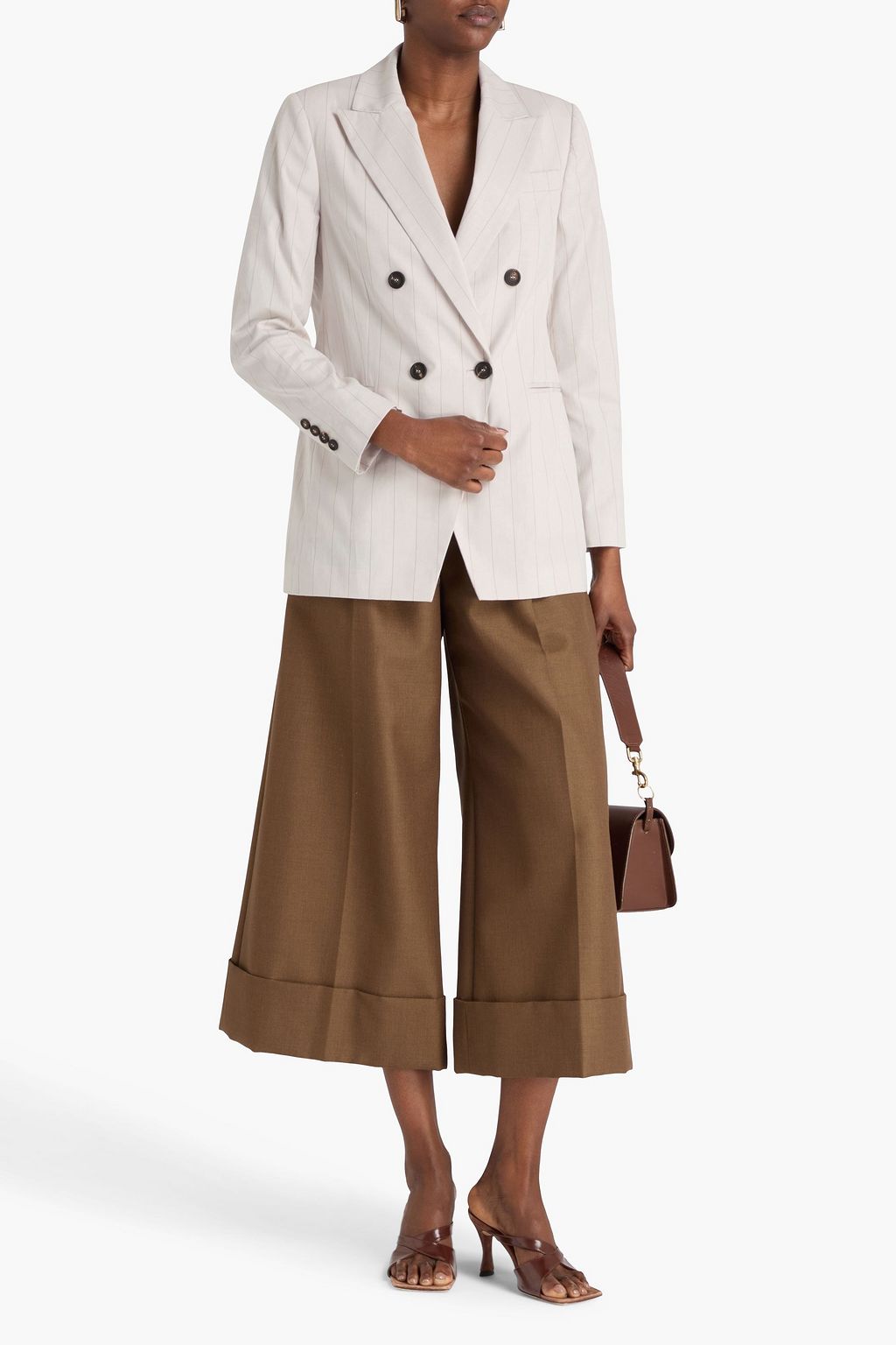 BRUNELLO CUCINELLI Doppelreihiger Blazer aus einer Baumwollmischung mit Nadelstreifen und Zierperlen
