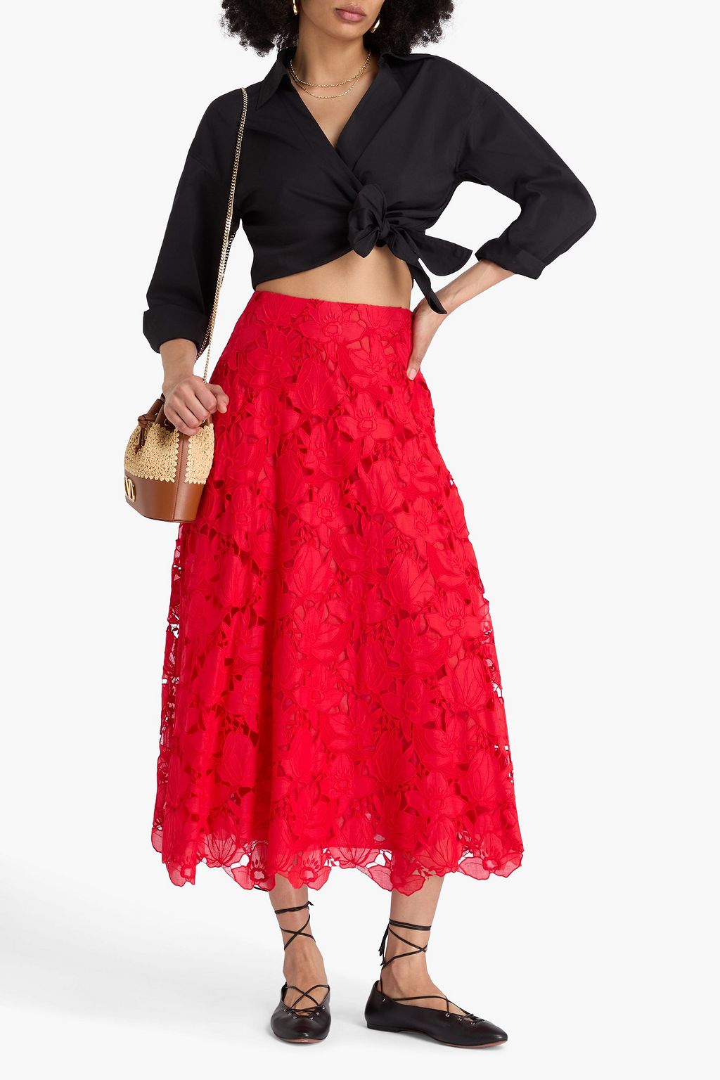 VALENTINO GARAVANI Cotton-guipure lace midi skirt