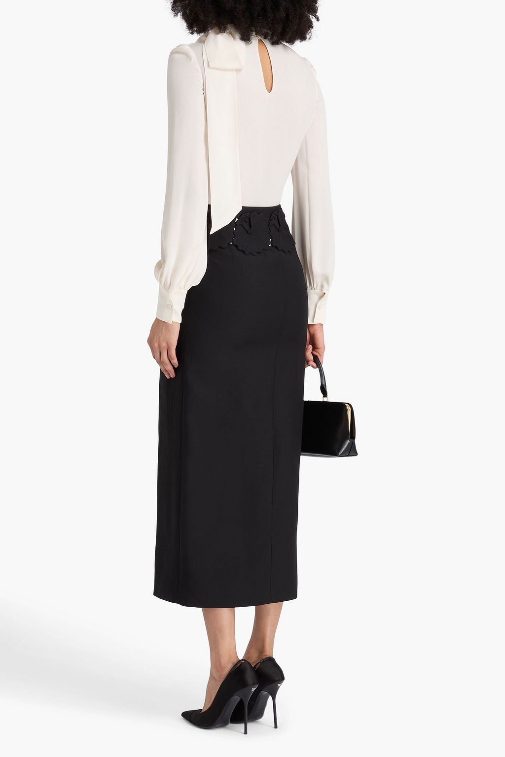 VALENTINO GARAVANI Floral-appliquéd wool and silk-blend crepe midi skirt
