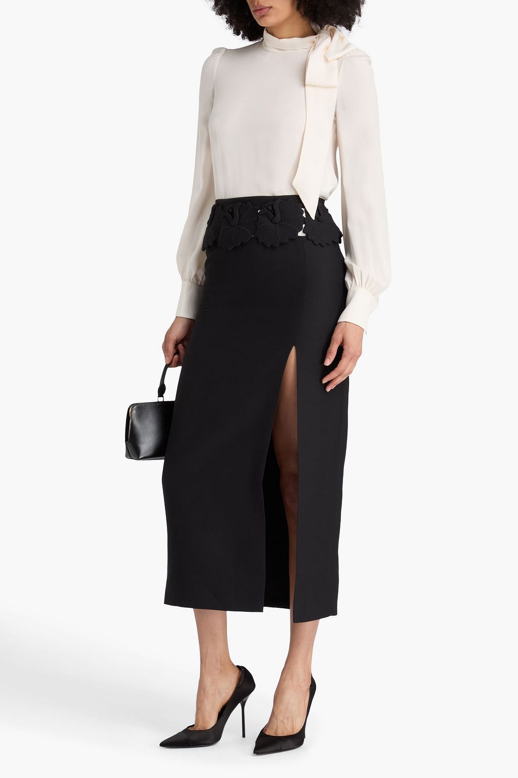 VALENTINO GARAVANI Floral-appliquéd wool and silk-blend crepe midi skirt