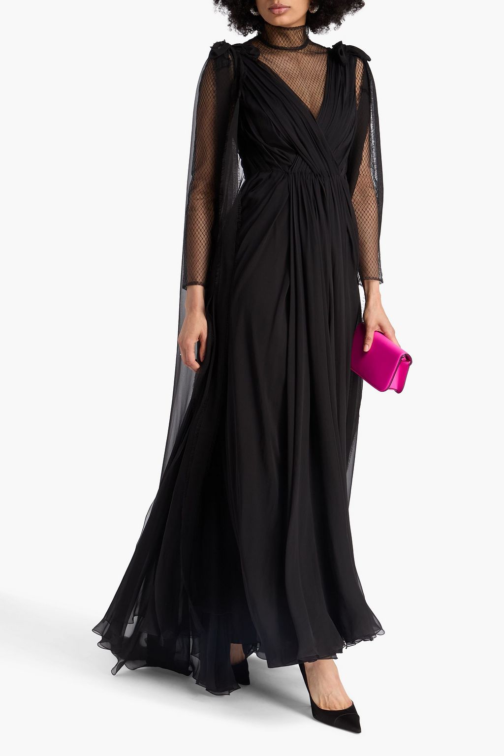 VALENTINO GARAVANI Cape-effect tulle-paneled silk-chiffon gown