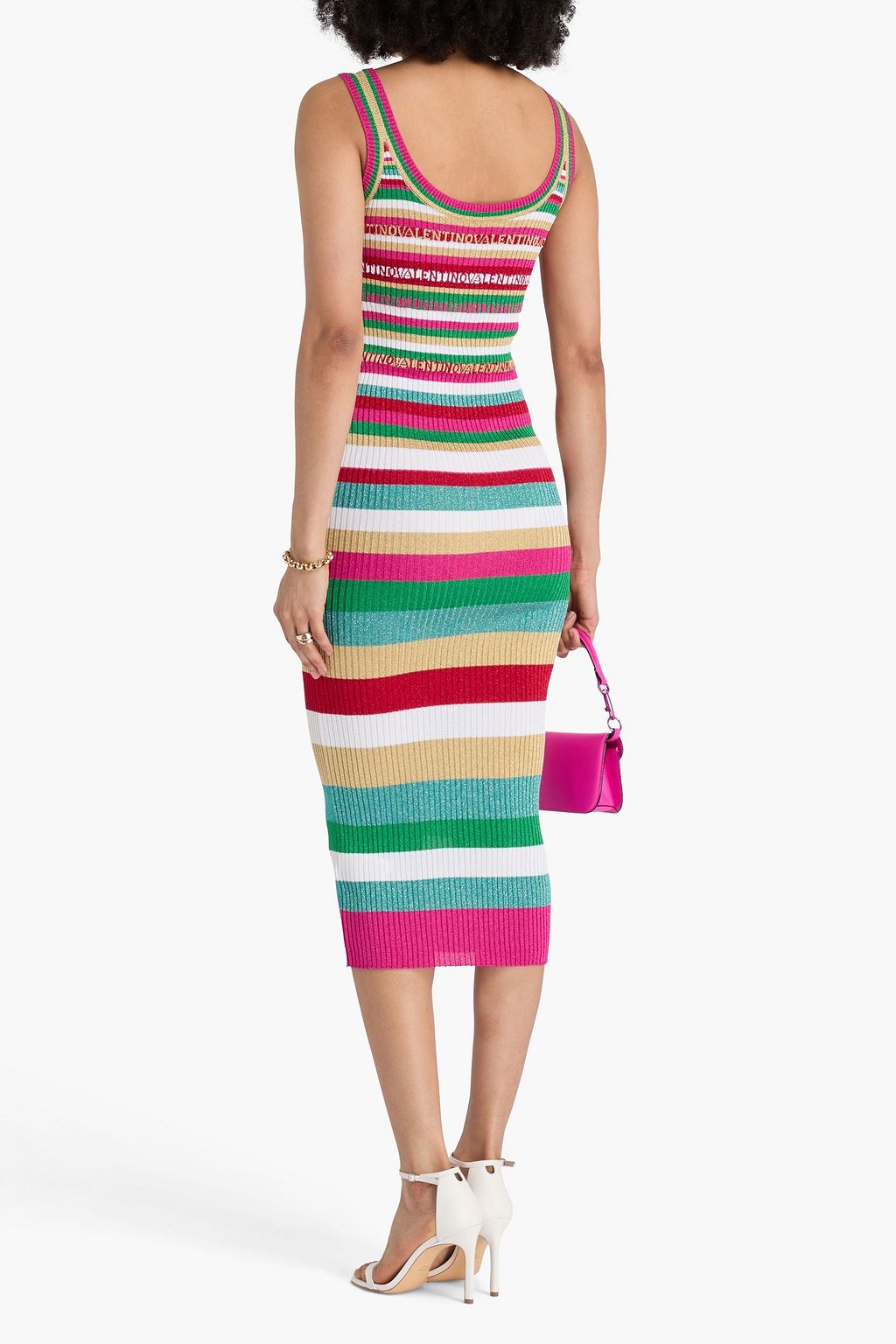VALENTINO GARAVANI Metallic striped ribbed-knit midi dress