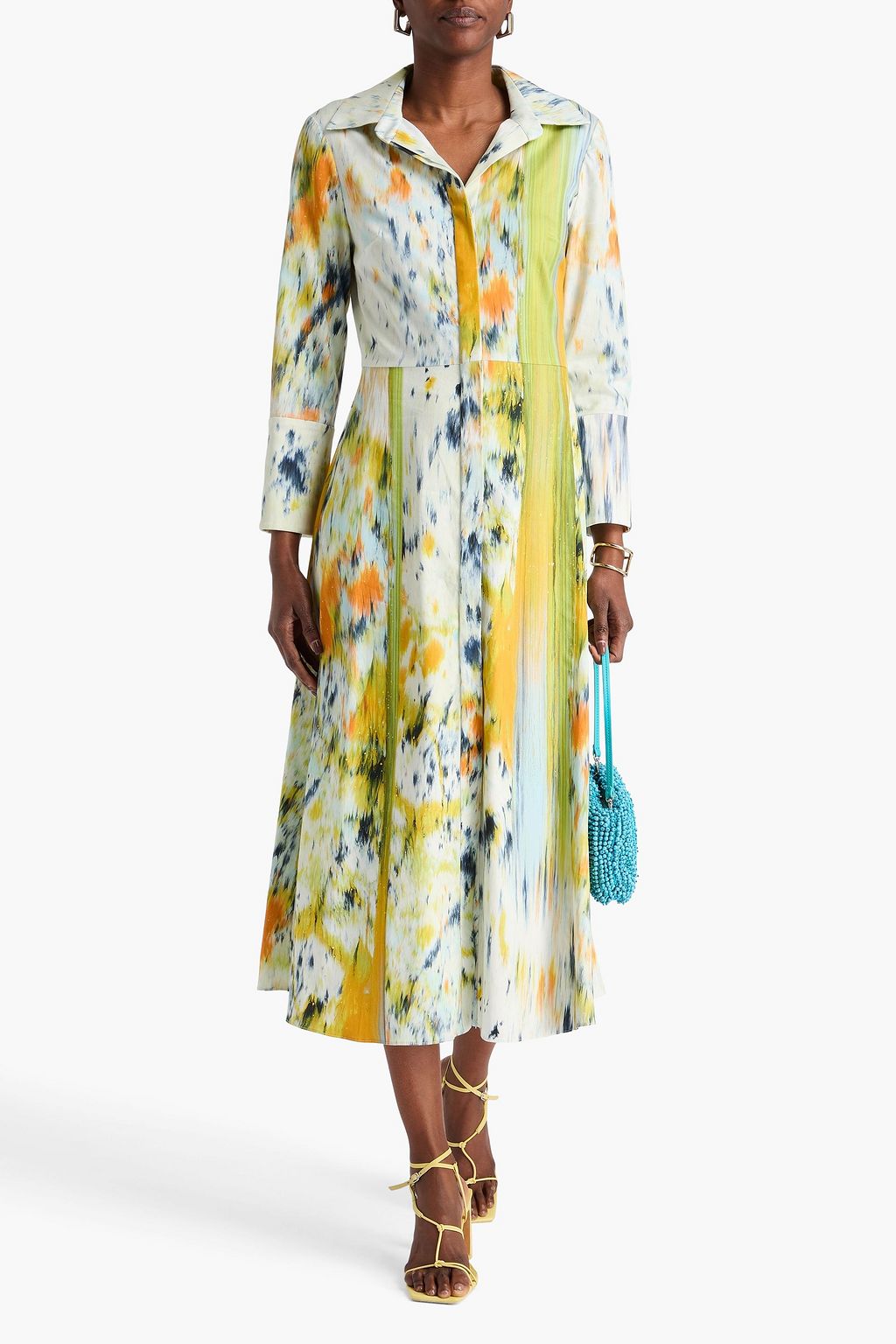 OSCAR DE LA RENTA コットン混 ミディシャツワンピース プリント入り