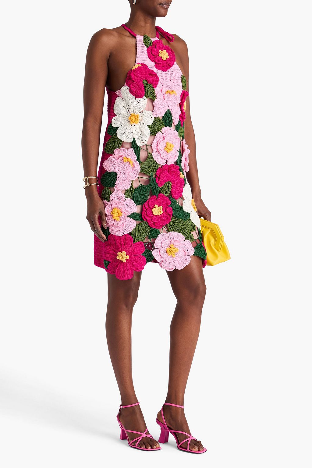 OSCAR DE LA RENTA かぎ針編みニット コットン混 ホルターネック ミニワンピース