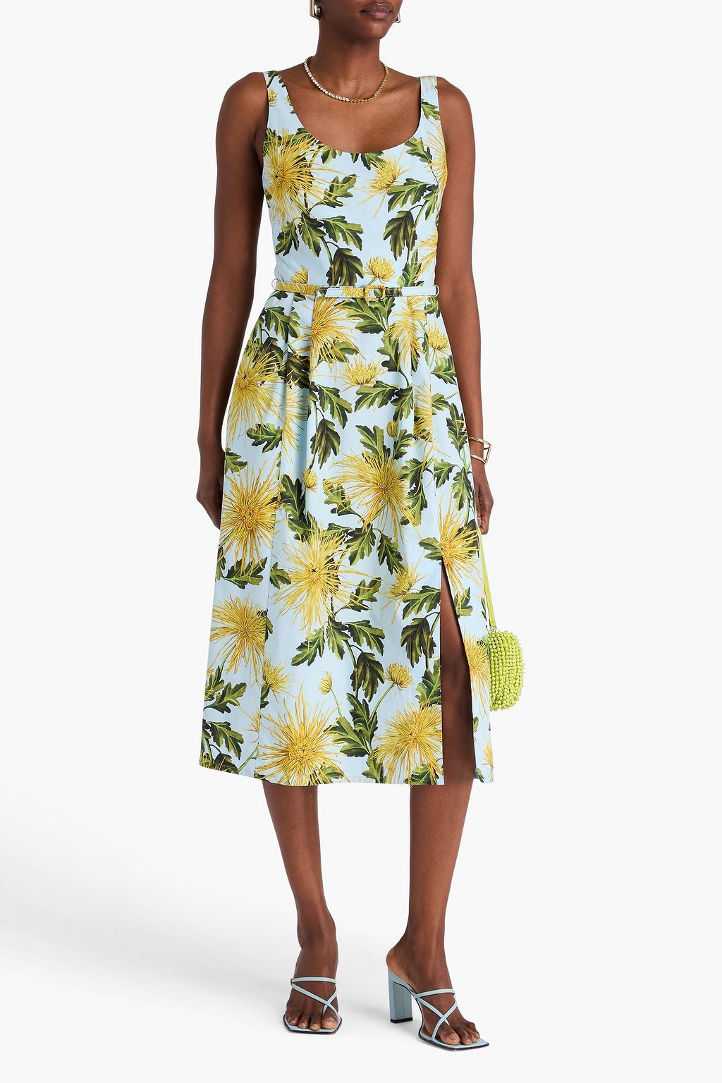 OSCAR DE LA RENTA Belted floral-print stretch-cotton poplin midi dress