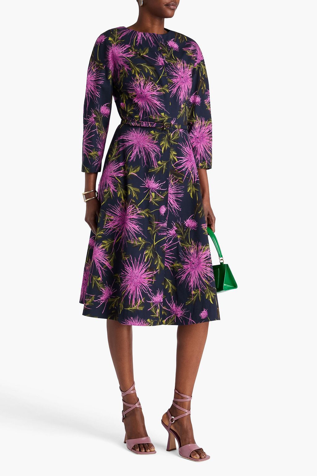 OSCAR DE LA RENTA Belted floral-print cotton-blend poplin midi dress