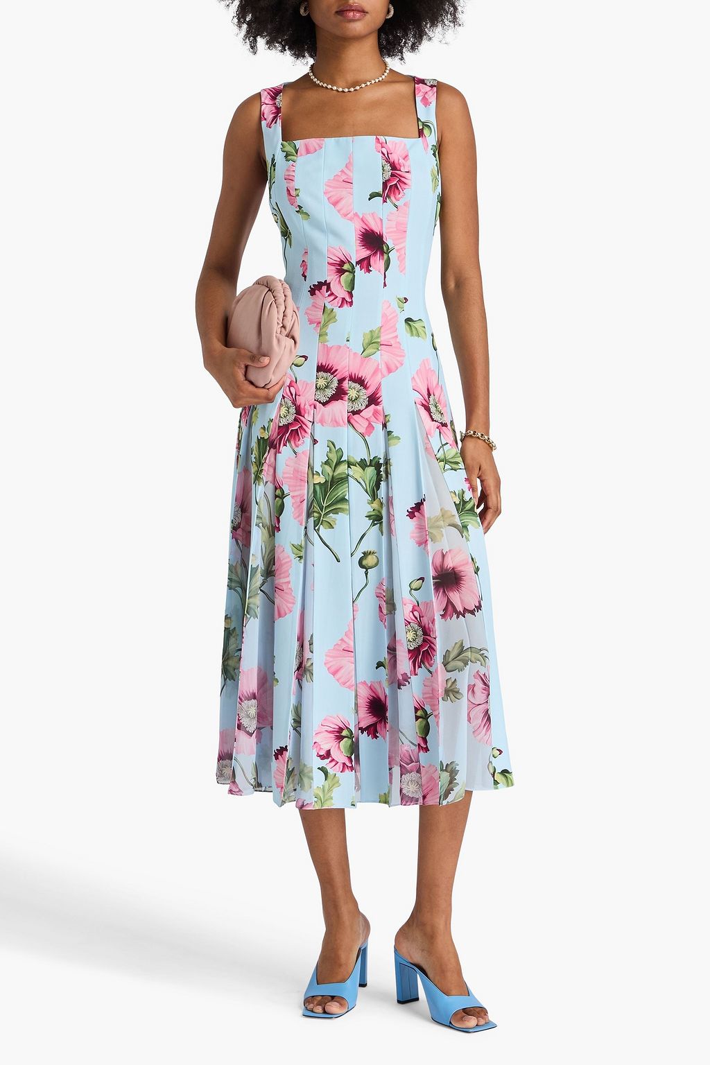 OSCAR DE LA RENTA Pleated floral-print crepe midi dress