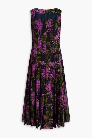 OSCAR DE LA RENTA 플로럴 프린트 크레이프 플리츠 미디 드레스