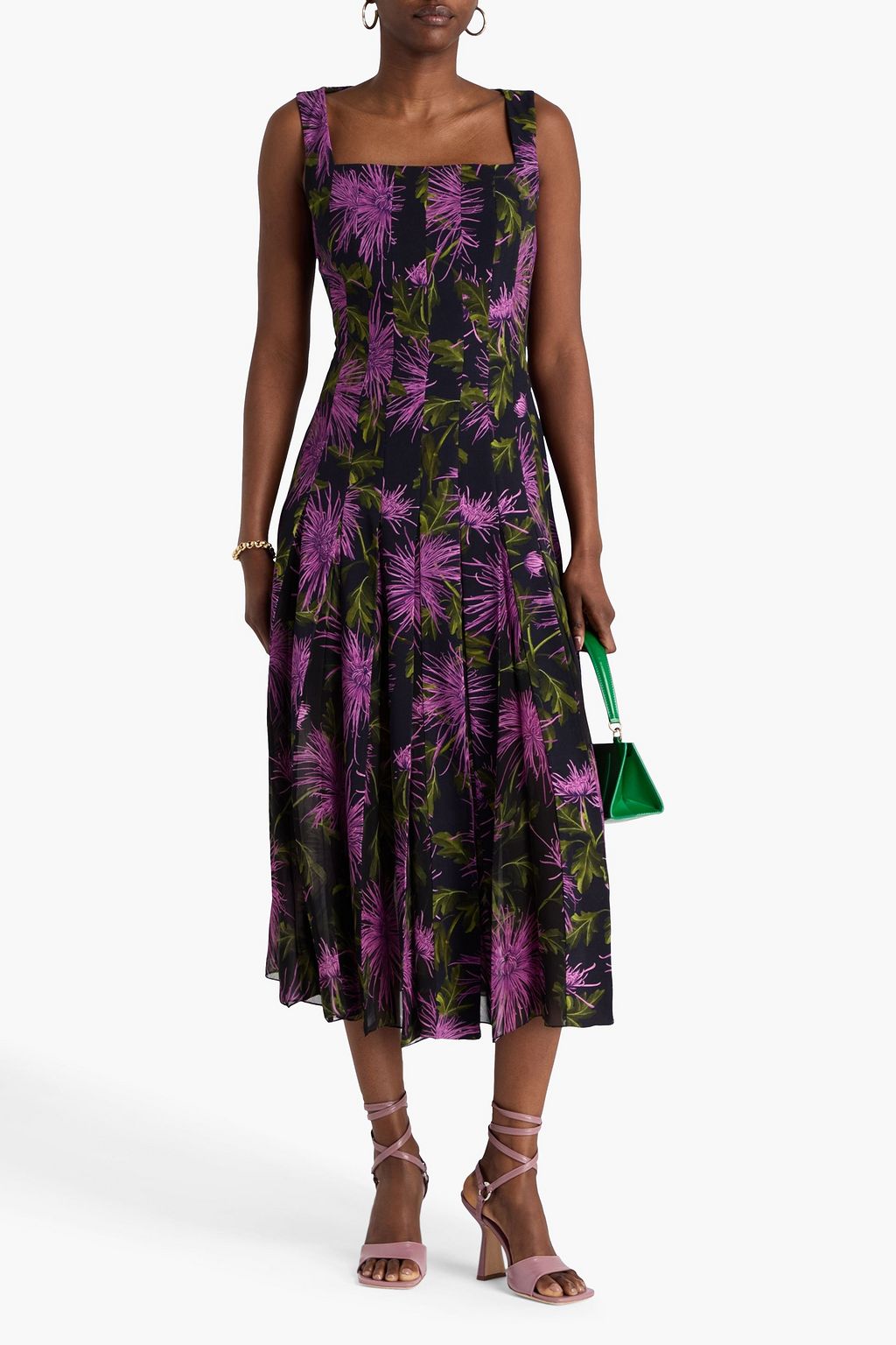 OSCAR DE LA RENTA クレープ ミディワンピース プリーツ入り フローラルプリント