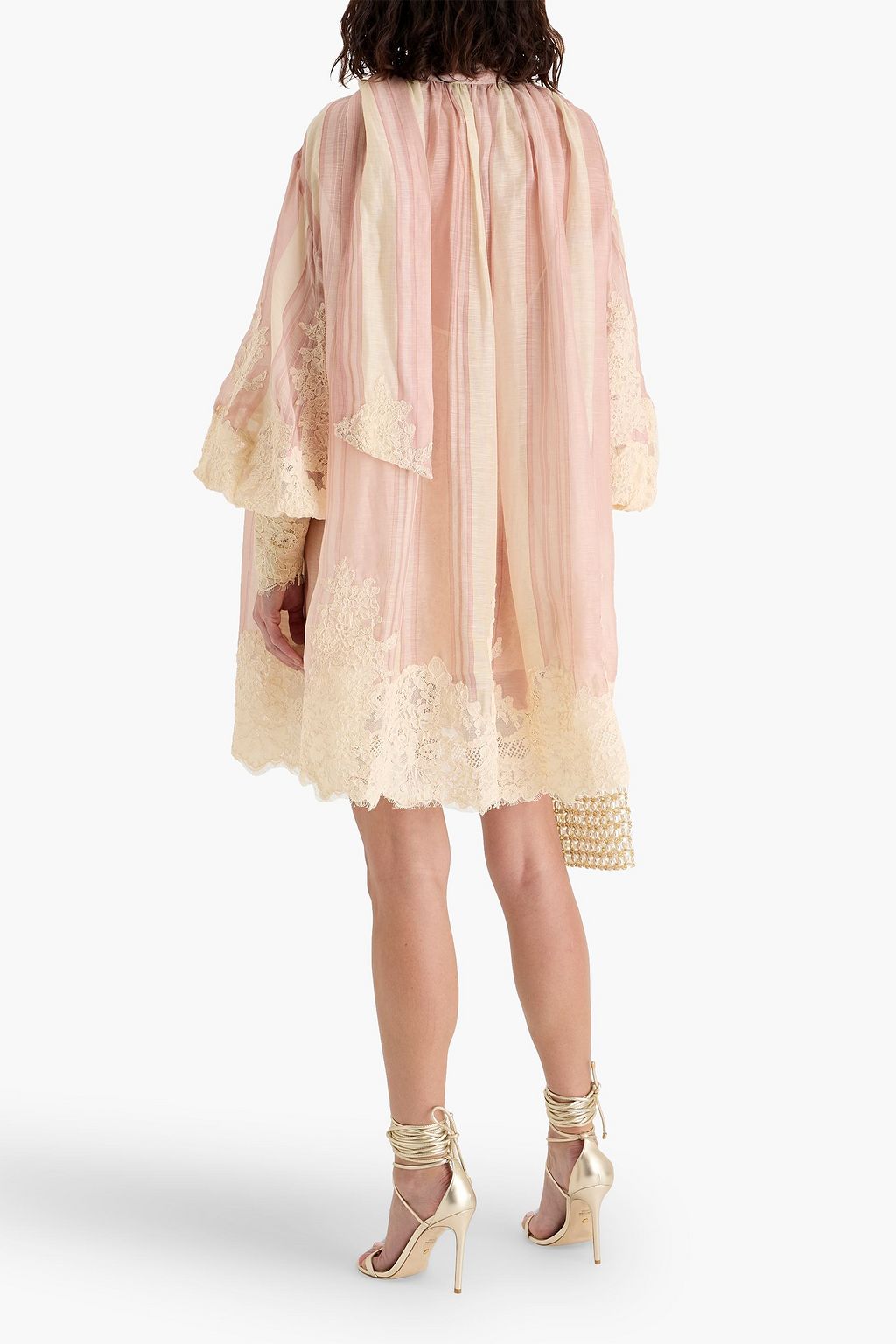 ZIMMERMANN فستان قصير مخطط من قماش رقيق من مزيج حرير والكتّان وبأجزاء من الدانتيل