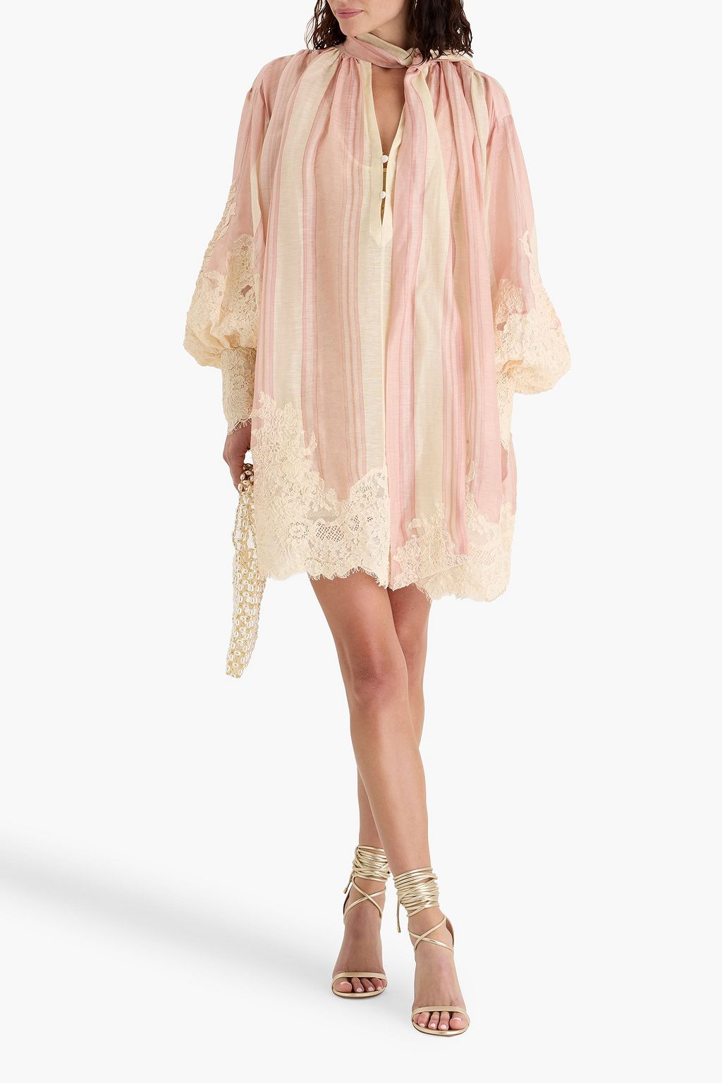 ZIMMERMANN فستان قصير مخطط من قماش رقيق من مزيج حرير والكتّان وبأجزاء من الدانتيل