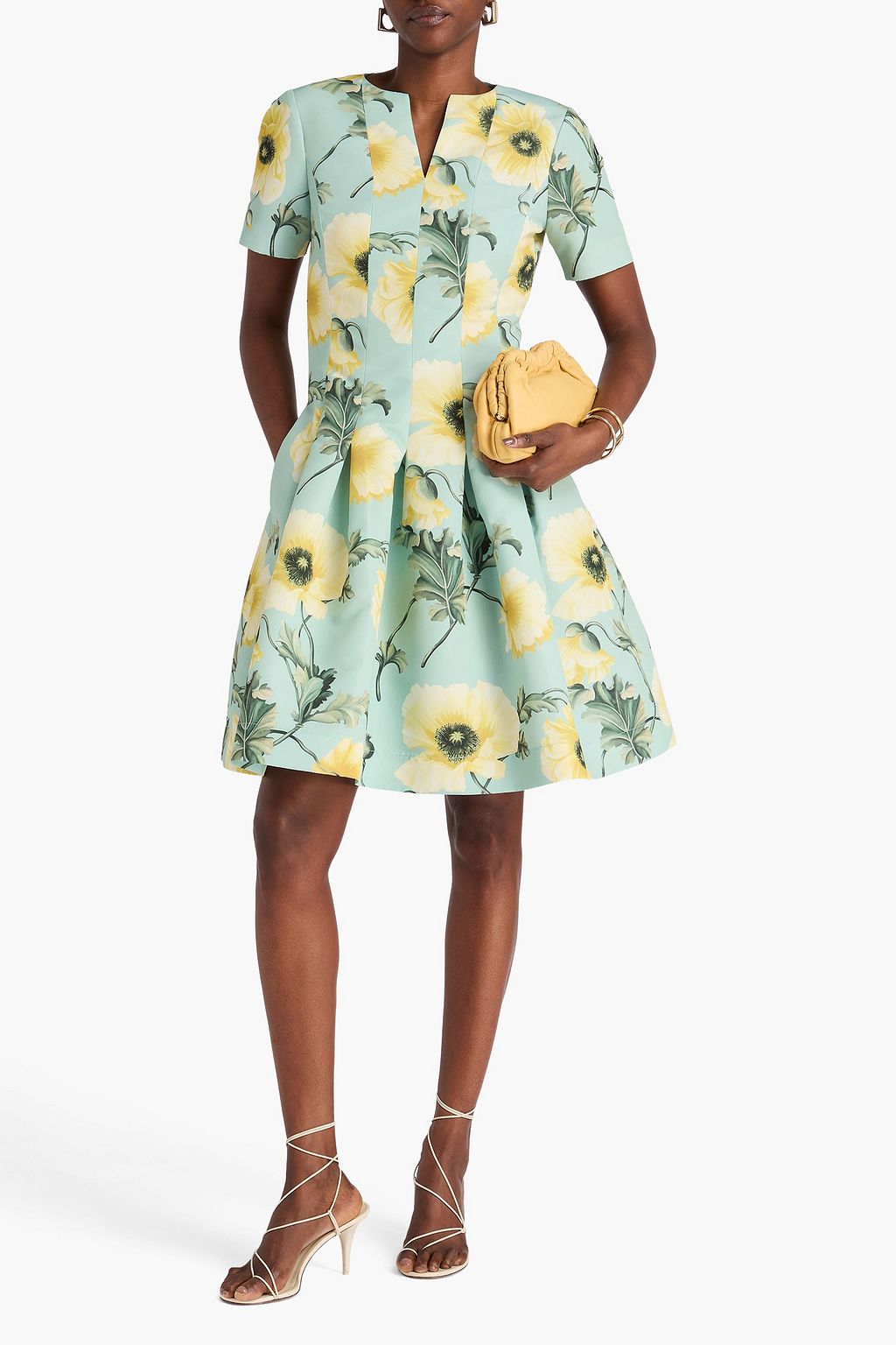 OSCAR DE LA RENTA ファイユ ワンピース プリーツ入り フローラルプリント