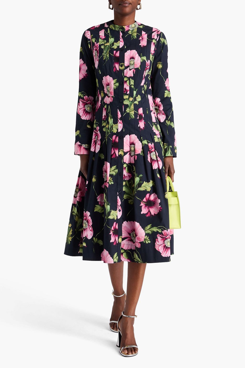 OSCAR DE LA RENTA ストレッチコットンポプリン ミディシャツワンピース フローラルプリント