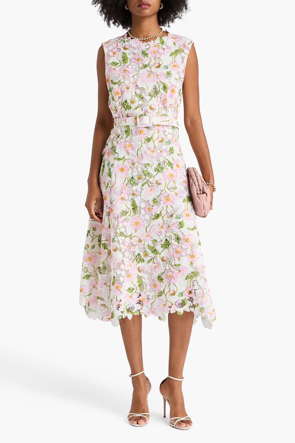 OSCAR DE LA RENTA Belted Guipure lace midi dress