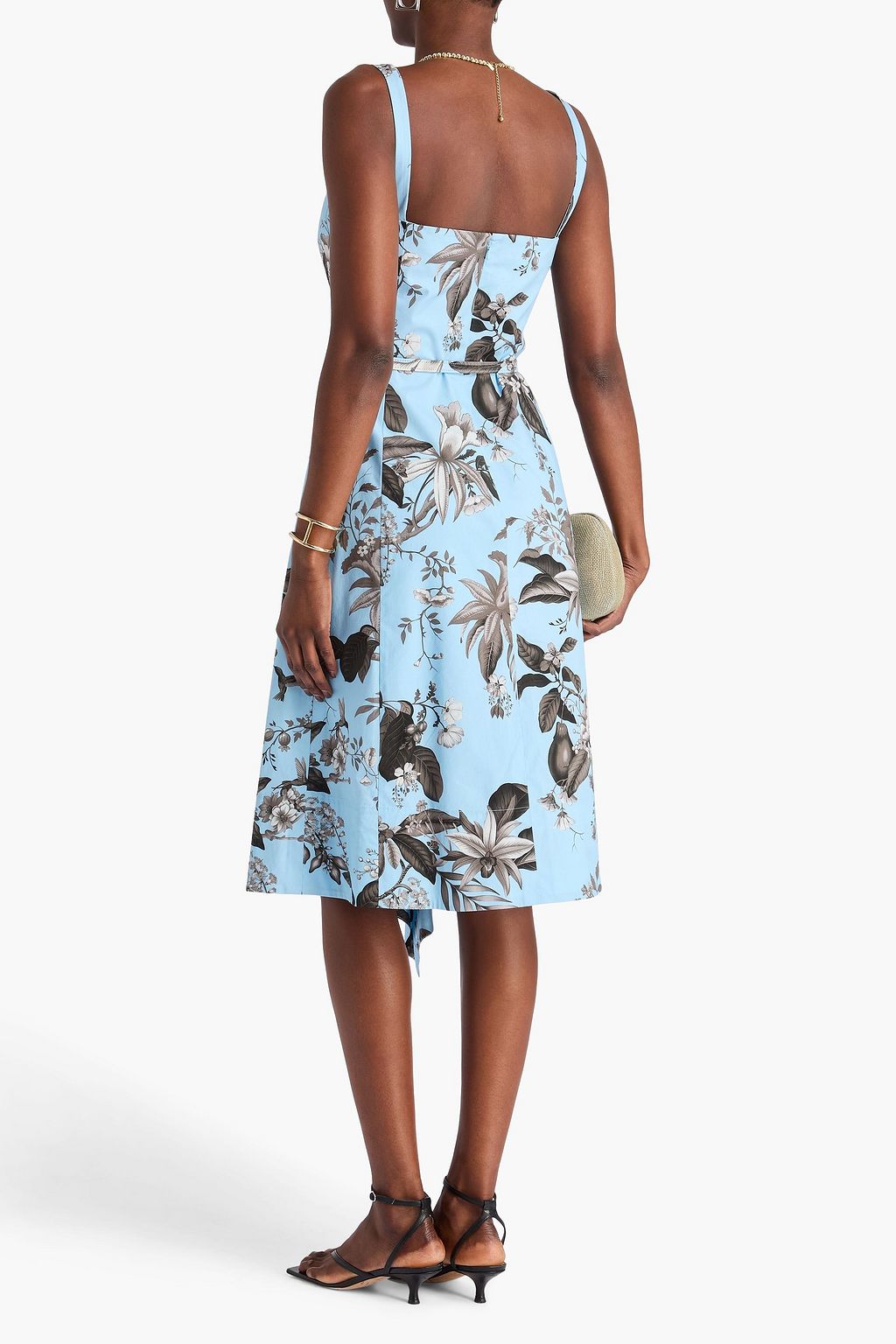 OSCAR DE LA RENTA ストレッチコットンポプリン ミディワンピース ベルト付き フローラルプリント