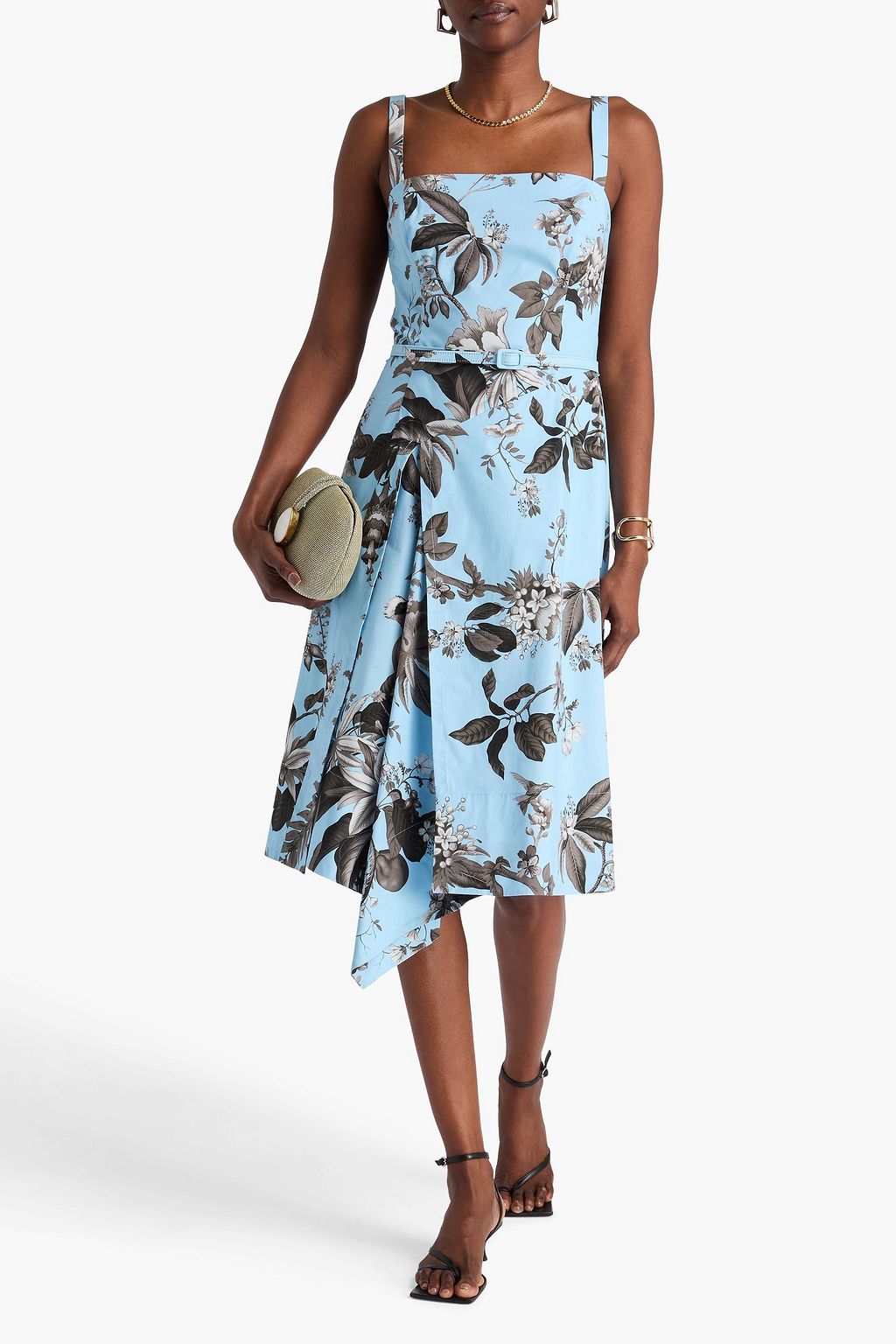 OSCAR DE LA RENTA ストレッチコットンポプリン ミディワンピース ベルト付き フローラルプリント