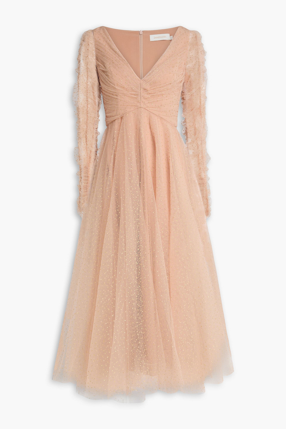 zimmermann - ruched glittered tulle midi dress - pink - 00