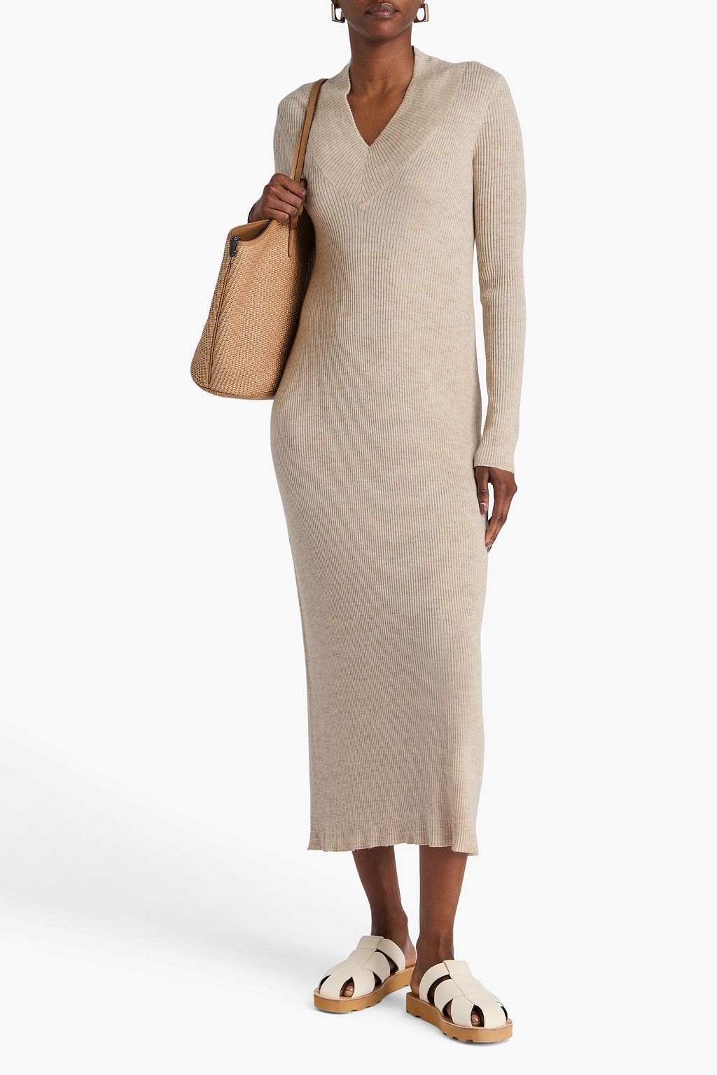 BRUNELLO CUCINELLI Cashmere, silk and linen-blend midi dress
