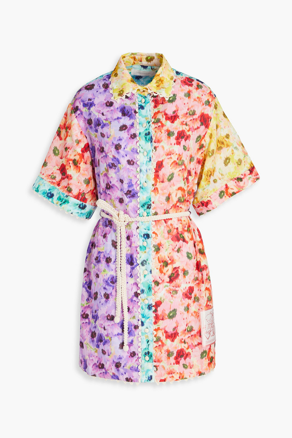 zimmermann - crochet-trimmed floral-print cotton mini shirt dress - multicolor - 00