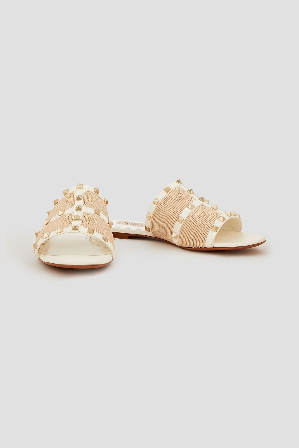 VALENTINO GARAVANI Rockstud leather and faux raffia slides