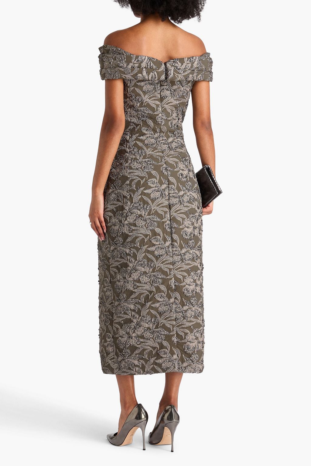 OSCAR DE LA RENTA フローラルジャカード ミディワンピース オフショルダー メタリック