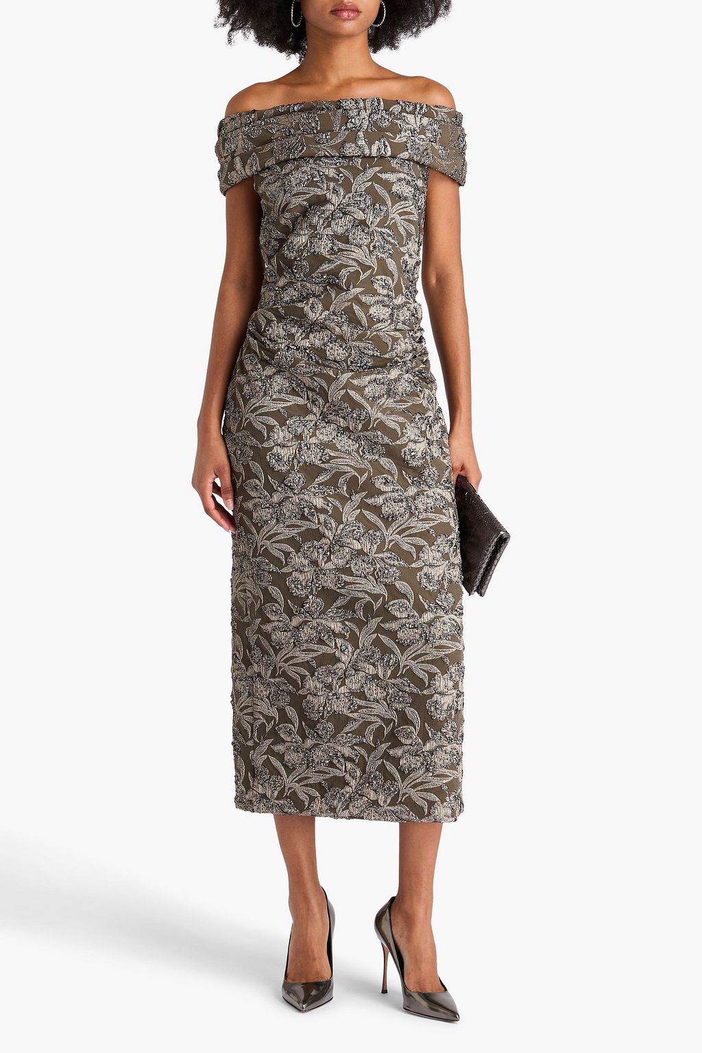 OSCAR DE LA RENTA フローラルジャカード ミディワンピース オフショルダー メタリック