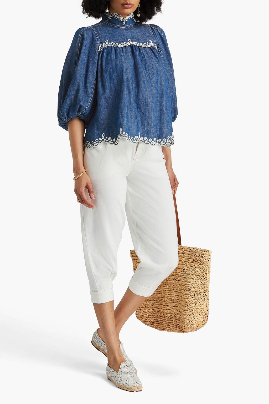 ZIMMERMANN Bluse aus Denim mit Lochstickerei-Besatz