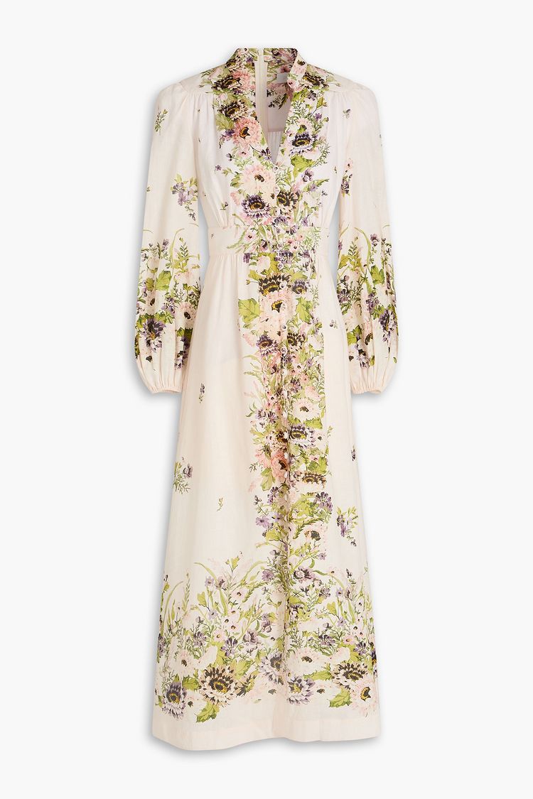 ZIMMERMANN Lucky Plunge Midi Dress Cream/Blue Floral Linen Fabric