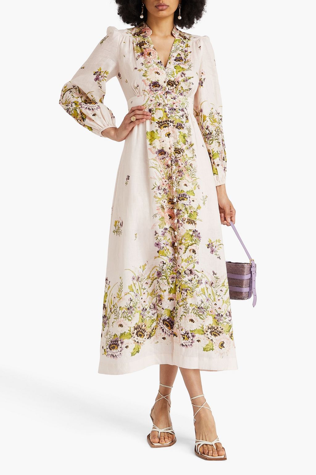 ZIMMERMANN リネン ミディワンピース フローラルプリント