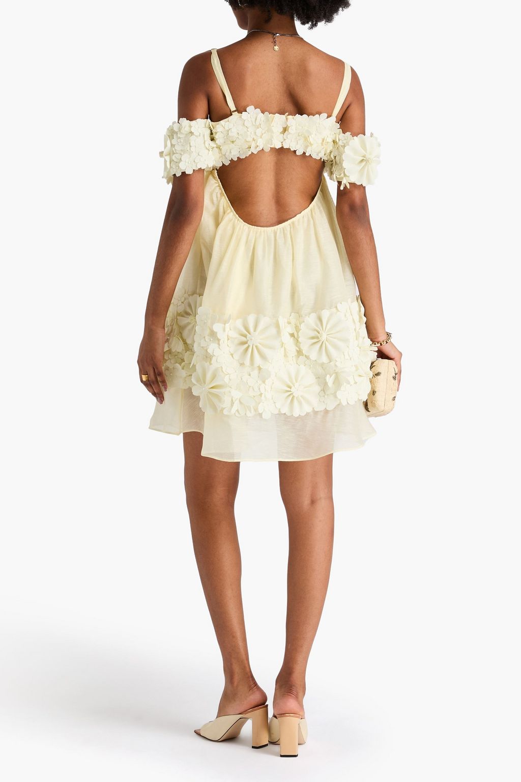 ZIMMERMANN リネン&シルク混 ミニワンピース オープンショルダー フローラルアップリケ付き