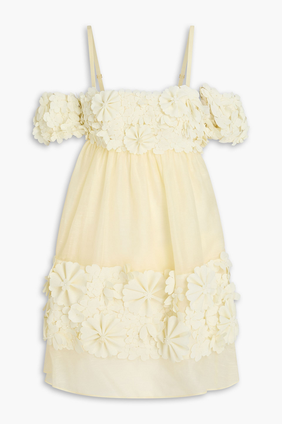 Zimmermann Cold-should Floral-appliquéd Linen And Silk-blend Mini Dress In Neutral