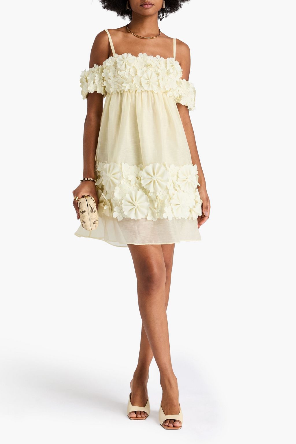 ZIMMERMANN リネン&シルク混 ミニワンピース オープンショルダー フローラルアップリケ付き
