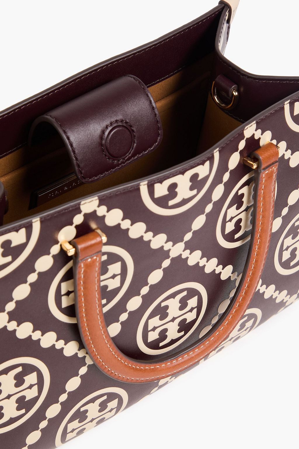 TORY BURCH حقيبة توت من الجلد مزينة بطبعات بنقشة شعار العلامة على شكل T