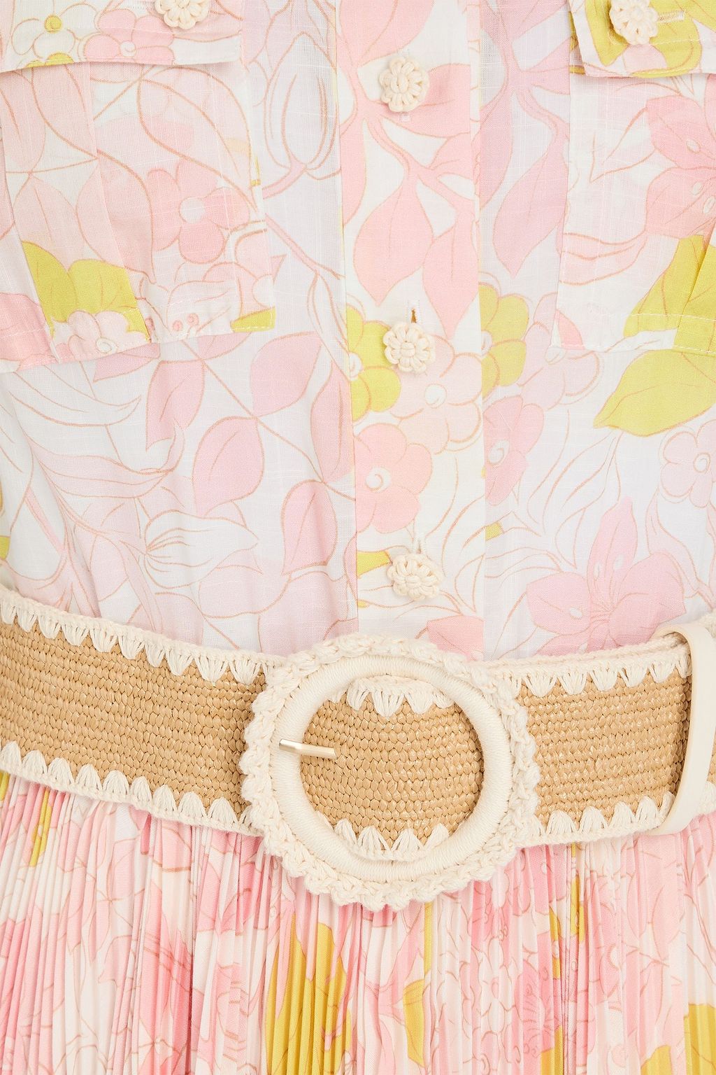 ZIMMERMANN Belted floral-print slub woven mini shirt dress
